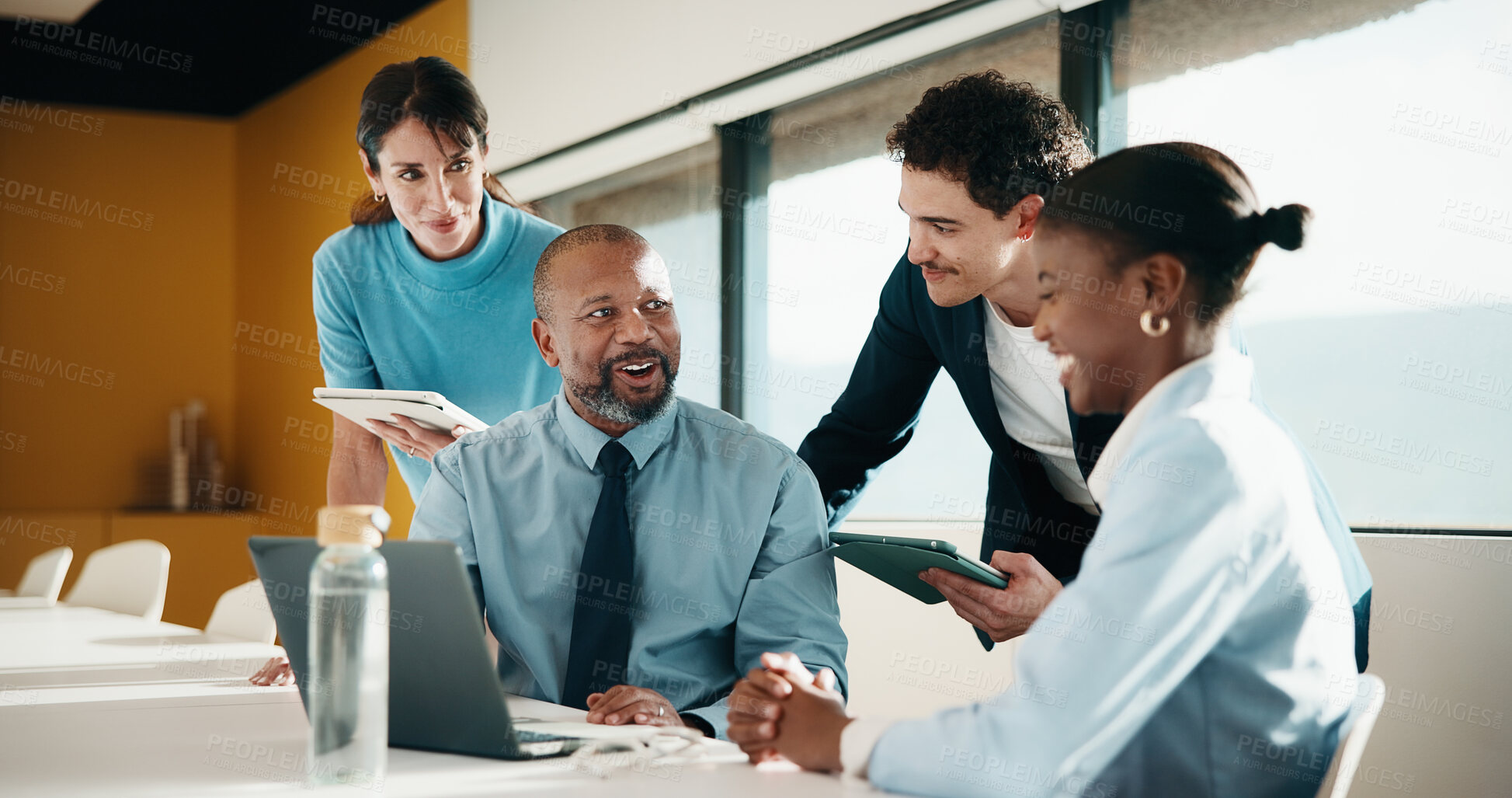 Buy stock photo Meeting, conversation and business people in office with laptop, tablet and plan for marketing agency. Manager, team and discussion in workplace with tech, brand campaign proposal and collaboration.