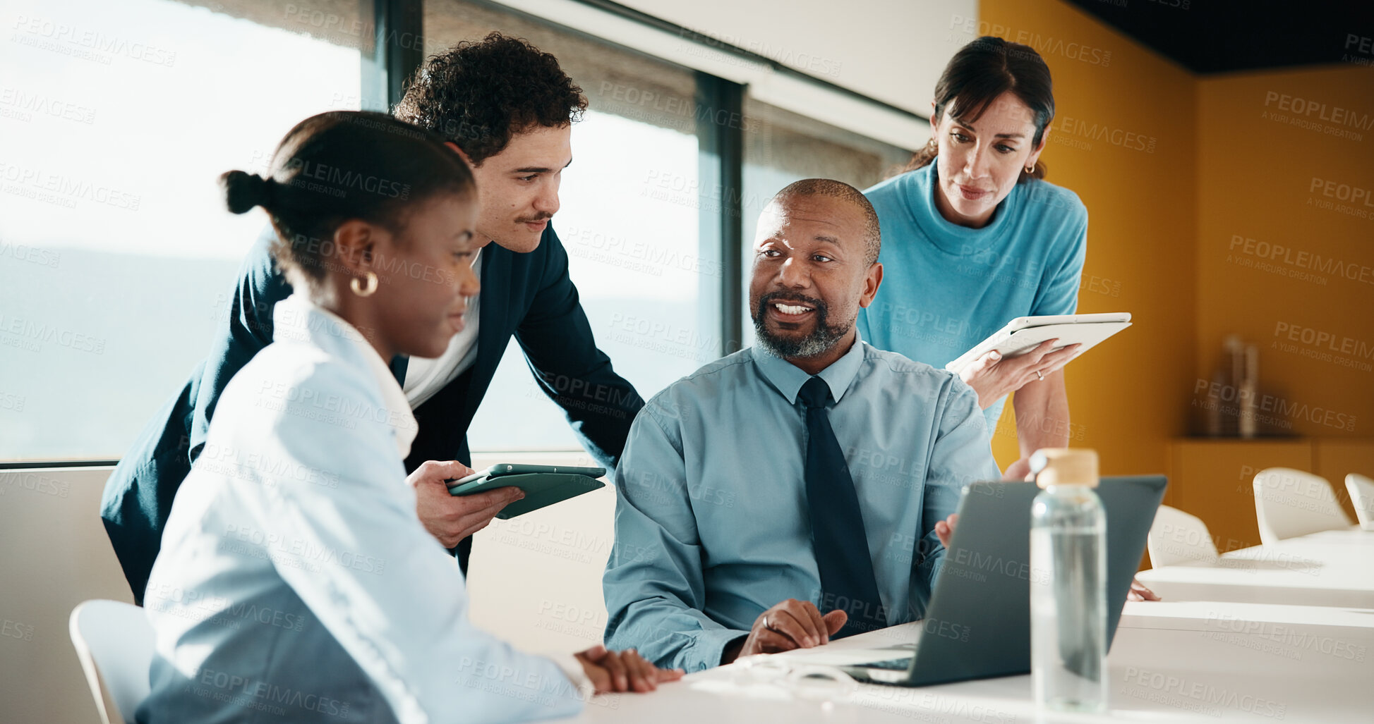 Buy stock photo Review, discussion and business people in meeting with laptop, tablet or planning for marketing agency. Manager, team and talk in office with tech, brand campaign proposal or advice for collaboration