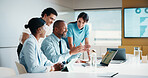Laptop, discussion and business people in office with planning for finance report with budget. Tech, meeting and financial advisors with manager with computer for investment proposal in workplace.