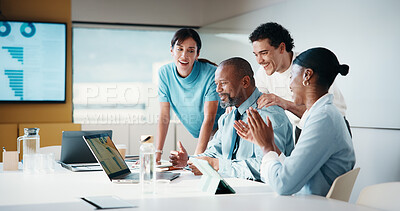 Buy stock photo Laptop, clapping and business people in office with planning for finance report with budget. Applause, meeting and financial advisors with manager with computer for investment proposal in workplace.