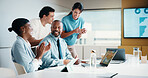 Laptop, applause and business people in office with planning for finance report with budget. Clapping, meeting and financial advisors with manager with computer for investment proposal in workplace.