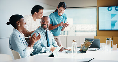 Buy stock photo Laptop, applause and business people in office with planning for finance report with budget. Clapping, meeting and financial advisors with manager with computer for investment proposal in workplace.