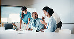 Laptop, meeting and business people in office with planning for finance report with budget. Tech, discussion and financial advisors with manager with computer for investment proposal in workplace.