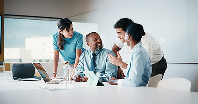 Buy stock photo Laptop, meeting and business people in office with planning for finance report with budget. Tech, discussion and financial advisors with manager with computer for investment proposal in workplace.