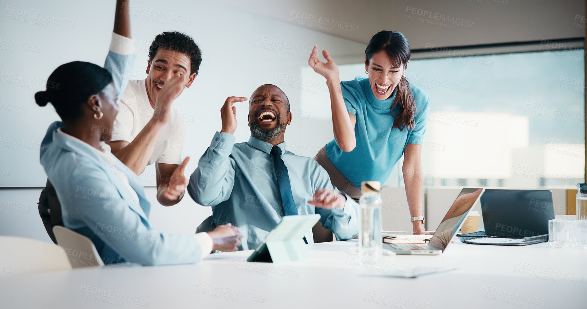 Buy stock photo Meeting, excited and business people with cheer in office for funding approval and success. Partnership, project management and celebration with employee team in boardroom for promotion and winning