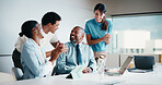 Team, clap and review in office with laptop, investment success or congratulations for business deal. People, applause and celebration in meeting with computer, collaboration goals and funding offer.