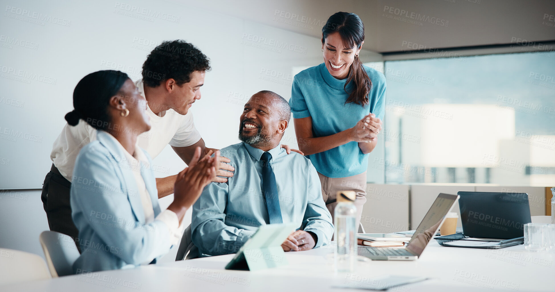 Buy stock photo Team, clap and review in office with laptop, investment success or congratulations for business deal. People, applause and celebration in meeting with computer, collaboration goals and funding offer.