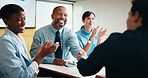 Team, clapping and handshake in office with meeting, b2b agreement and contract for investment deal. People, applause and client shaking hands in business with collaboration, funding offer or success