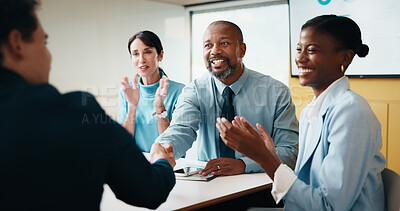 Buy stock photo People, clapping and handshake in office with meeting, b2b agreement and contract for investment deal. Team, applause and client shaking hands in business with collaboration, funding offer or success