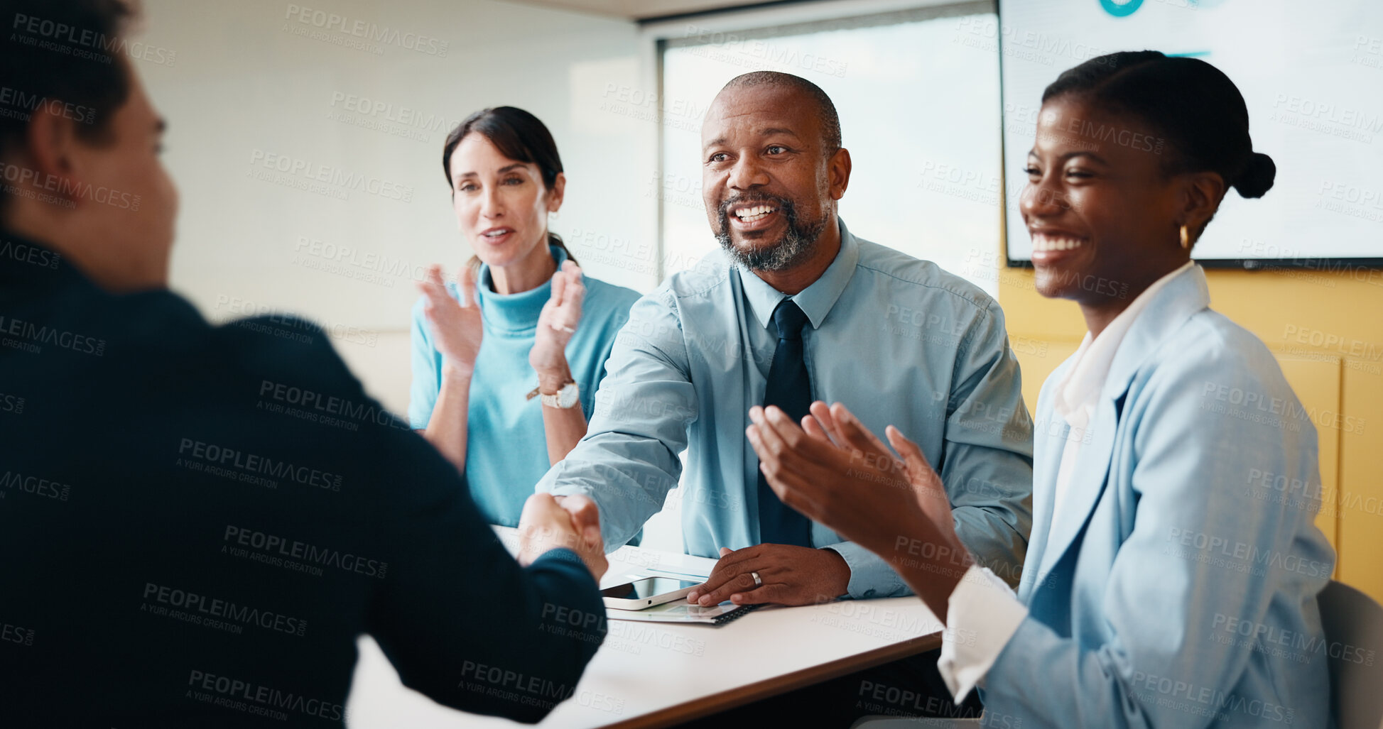 Buy stock photo People, clapping and handshake in office with meeting, b2b agreement and contract for investment deal. Team, applause and client shaking hands in business with collaboration, funding offer or success