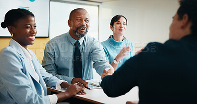 Buy stock photo Happy, people and handshake in office with applause, b2b agreement and contract for marketing project. Team, clap and client shaking hands in business with collaboration, advertising deal or success.