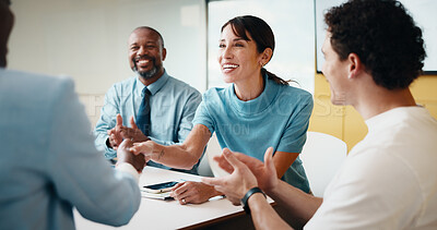 Buy stock photo People, applause and handshake in office with meeting, b2b agreement or contract for marketing project. Team, clap and client shaking hands in business with collaboration, advertising deal or success