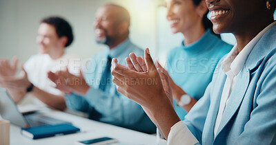 Buy stock photo Meeting, business people and hands with applause in office, promotion news or support for achievement. Well done, clapping and happy staff with celebration for career development, teamwork or success