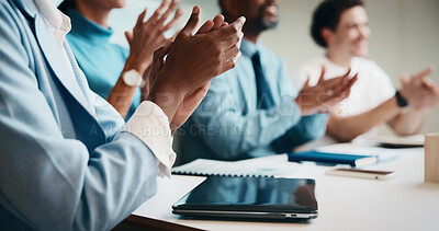 Buy stock photo Meeting, clapping hands and business people with tablet in office for funding approval and success. Applause, project management and celebration with team in boardroom for promotion and winning