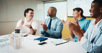 Applause, business people and woman with smile in meeting, promotion news or support for achievement. Well done, clapping and happy staff with celebration for career development, teamwork and office