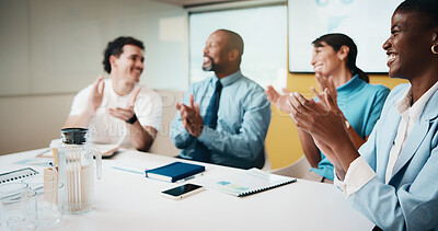 Buy stock photo Applause, business people and woman with smile in meeting, promotion news or support for achievement. Well done, clapping and happy staff with celebration for career development, teamwork and office