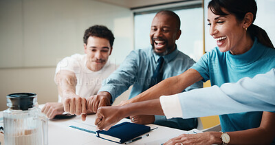 Buy stock photo Business people, fist bump and team at office meeting with motivation, happy and project at insurance company. Group, broker and advisor with tech, excited or smile with success for risk management