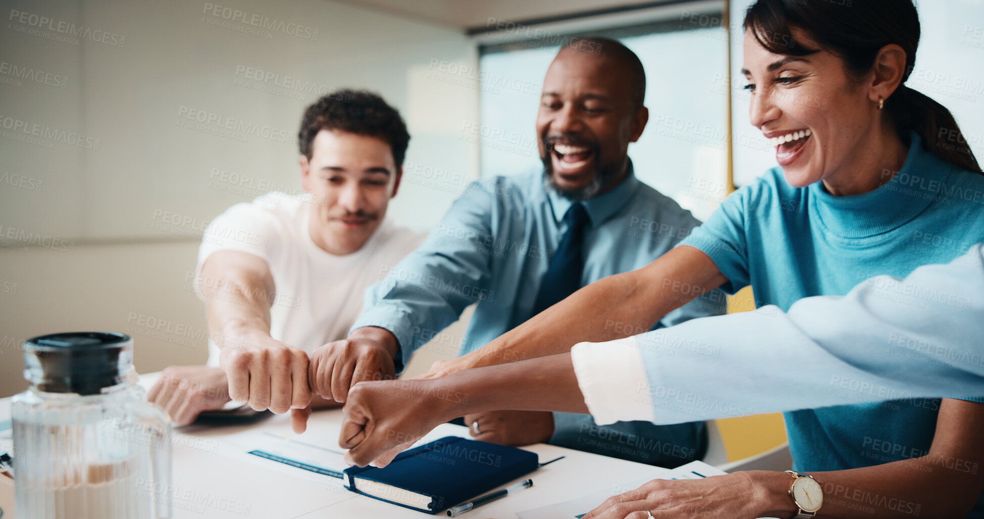 Buy stock photo Business people, fist bump and team at office meeting with motivation, happy and project at insurance company. Group, broker and advisor with tech, excited or smile with success for risk management