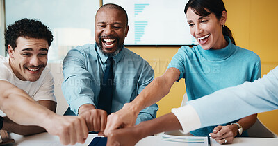 Buy stock photo Business people, fist bump and group at office meeting with motivation, happy and project at insurance company. Team, broker and advisor with tech, excited or smile with success for risk management