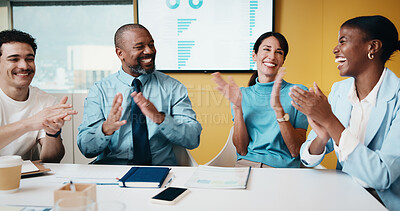 Buy stock photo Applause, team and business people with smile in meeting, promotion news and support for achievement. Well done, clapping or happy staff with celebration for career development, recognition or office