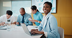 Meeting, smile or woman in office with portrait, pride or ambition in budget analysis. Confidence, business or finance analyst in agency with laptop, about us or opportunity in revenue management.