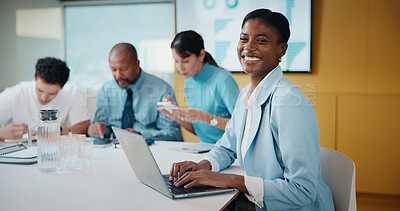 Buy stock photo Meeting, smile or woman in office with portrait, pride or ambition in budget analysis. Confidence, business or finance analyst in agency with laptop, about us or opportunity in revenue management.