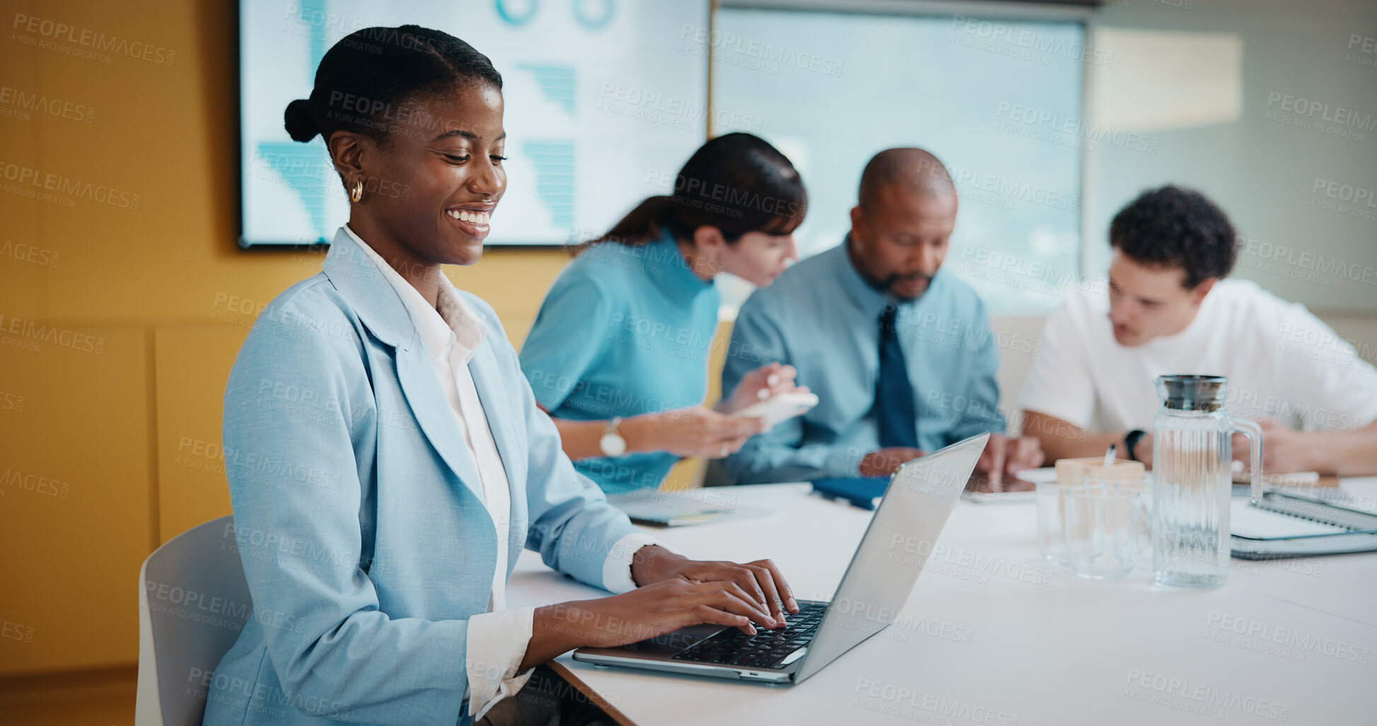 Buy stock photo Typing, laptop or woman in meeting at creative agency, web traffic metrics or review campaign stats. Ads revenue data, smile or manager with proposal for algorithm boost, engagement planning or pc