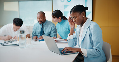 Buy stock photo Headache, stress or businesswoman with laptop in meeting, investment crisis or solution pressure. Overwhelmed, staff or employee with forecast mistake for stocks decline, pc or migraine in office