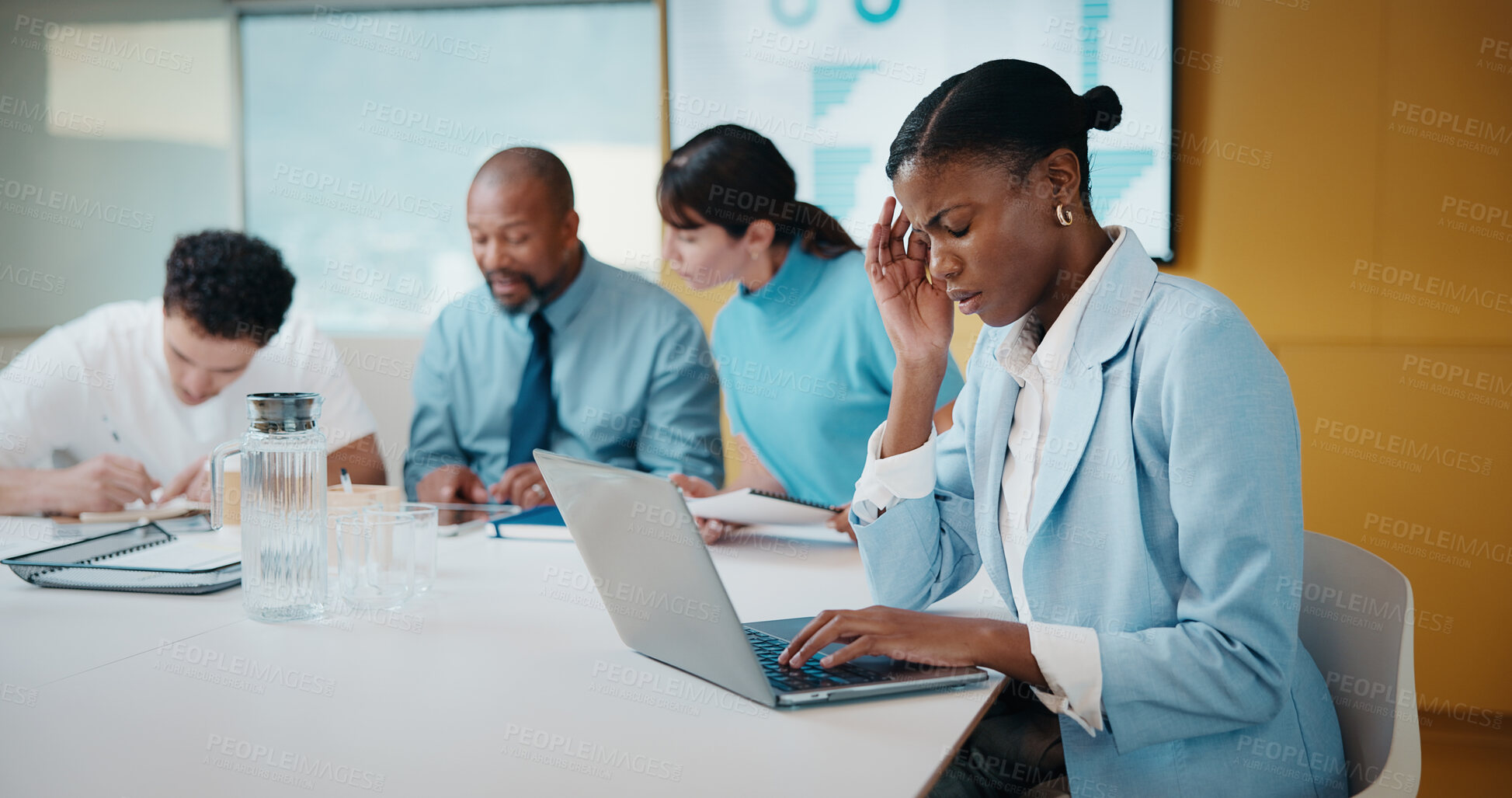 Buy stock photo Headache, stress or businesswoman with laptop in meeting, investment crisis or solution pressure. Overwhelmed, staff or employee with forecast mistake for stocks decline, pc or migraine in office