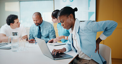 Buy stock photo Woman, back pain and laptop in meeting at office with typing, injury and bad posture at finance company. Person, muscle strain and ache with spine, joint or computer at asset management agency