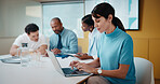 Planning, laptop or woman in meeting at marketing agency, web traffic metrics or review campaign stats. Ads revenue data, smile or manager with proposal for algorithm boost, engagement increase or pc