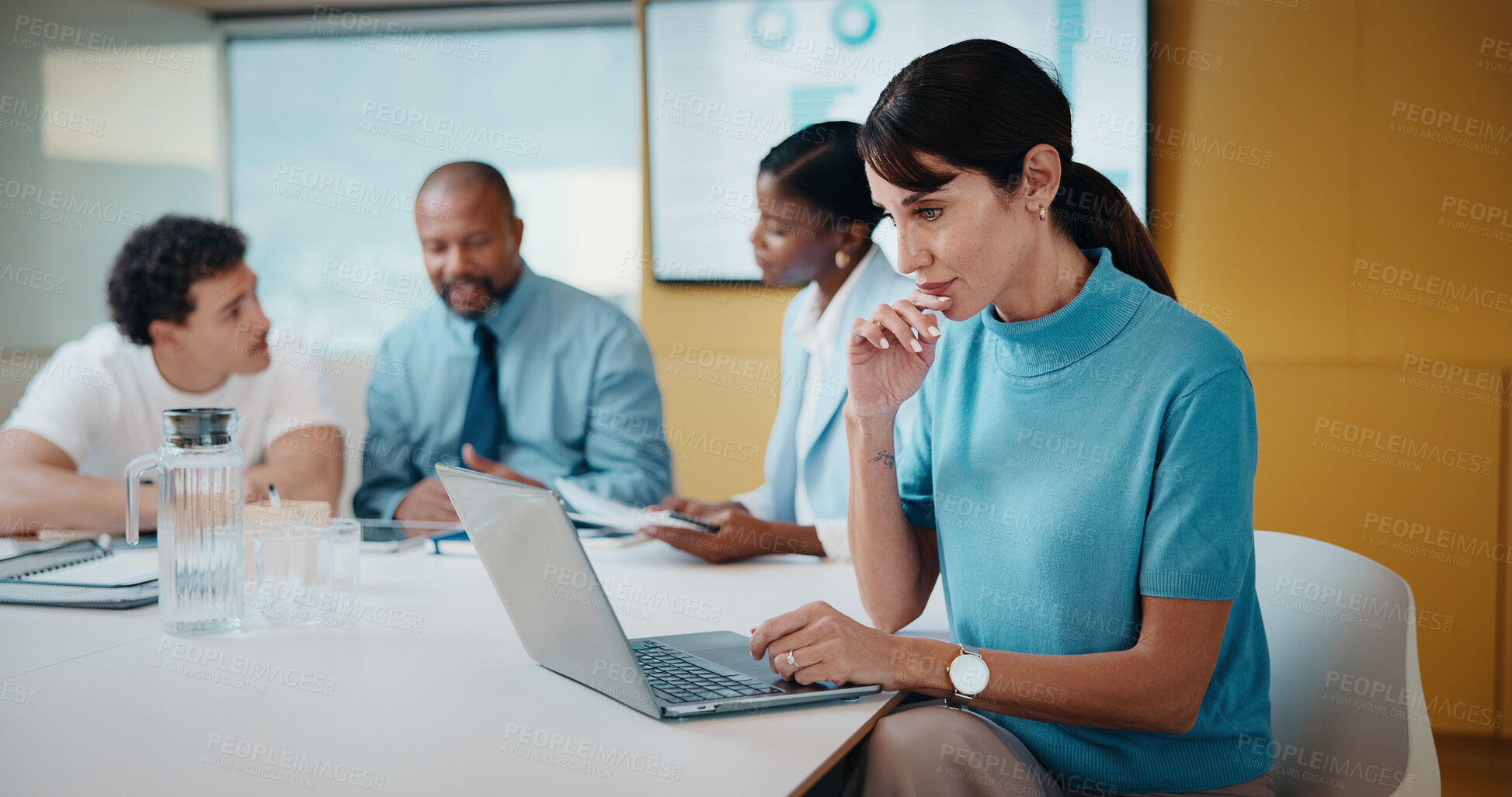 Buy stock photo Thinking, laptop or woman in meeting at creative agency, web traffic metrics or review campaign stats. Ads revenue data, reading or manager with idea for algorithm boost, engagement planning or pc