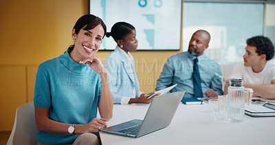 Buy stock photo Meeting, smile or woman in firm with portrait, pride or ambition in budget analysis. Confidence, business or mature financial analyst with laptop, about us or opportunity in revenue management.
