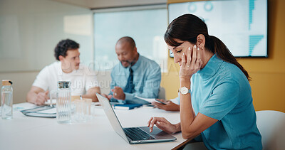 Buy stock photo Woman, review and laptop in meeting at office with typing, report or insight for notes at finance company. Person, proposal and scroll on computer for feedback, solution or asset management at agency