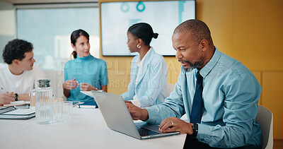 Buy stock photo Businessman, research and laptop in office with meeting, stats and risk assessment for insurance agency. Manager, person and team with computer, data analysis and graphs for planning cost of policy.