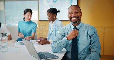 Buy stock photo Meeting, smile or man in office with portrait, pride or ambition in budget analysis. Confidence, business or mature finance analyst in firm with laptop, about us or opportunity in revenue management.