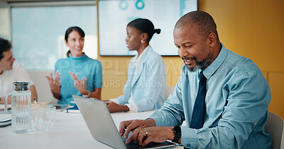 Buy stock photo Businessman, typing and laptop in office with meeting, stats and risk assessment for insurance agency. Manager, person and team with computer, data analysis and graphs for planning cost of policy.