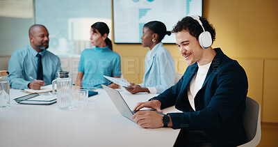 Buy stock photo Man, headphones and laptop in office meeting with team with smile, report and review at finance company. Person, proposal and audio on computer, feedback and investment at asset management agency
