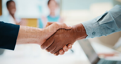 Buy stock photo Meeting, handshake and business people with deal in office for funding approval and success. Shaking hands, project management and celebration with team in boardroom for promotion and winning