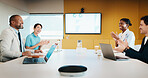 Laptop, applause and business people in office with success, data analysis or performance review goals. Happy manager, team and clapping in meeting with computer, kpi stats or graphs for achievement.