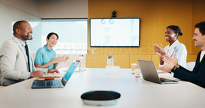 Buy stock photo Laptop, applause and business people in office with success, data analysis or performance review goals. Happy manager, team and clapping in meeting with computer, kpi stats or graphs for achievement.