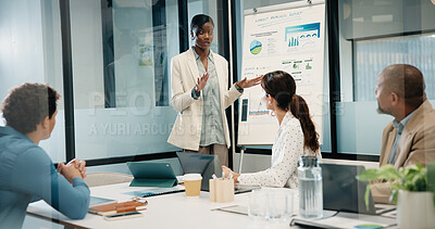 Buy stock photo Business, woman and presentation with charts in office for discussion, feedback and finance stats. Speaker, talk and coaching team for accounting, financial graphs and information for kpi performance
