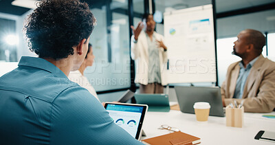 Buy stock photo Finance, presentation and tablet screen with business man in boardroom for review of statistics. App, whiteboard and workshop with employee people in financial workplace for upskill development