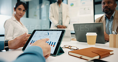 Buy stock photo Tablet screen, hands and business people in office for meeting with statistics on finance report. Digital technology, research and team of financial advisors with graphs for company investment growth