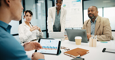 Buy stock photo Tablet screen, meeting and business people in office with graphs for income, expenses or finance. Tech, team and planning in workplace with chart, investment analysis and funding pitch with budget