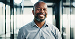 Smile, black man and portrait with analyst for company development, finance or revenue service. Mature, businessman or accountant with confidence for about us, pride and investor management in office