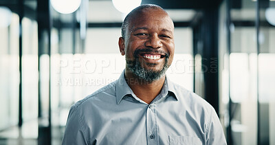 Buy stock photo Smile, black man and portrait with analyst for company development, finance or revenue service. Mature, businessman or accountant with confidence for about us, pride and investor management in office