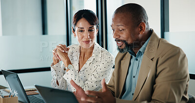 Buy stock photo Laptop, meeting and smile with finance people in office together for discussion or feedback. Collaboration, computer and review with happy employee team in financial workplace for risk management