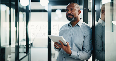 Buy stock photo Thinking, black man and tablet with analyst for company report, finance or revenue service. Mature, businessman or accountant with digital tech for project management, pride and investor in office