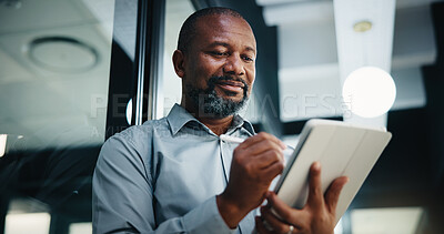 Buy stock photo Business, black man and writing with tablet in office for research, court case and legal evidence. Smile, mature lawyer or digital for witness testimony, statement report and confidential information